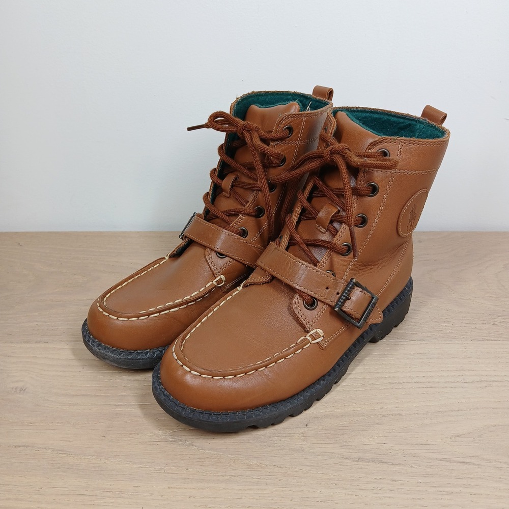 Polo Ralph Lauren Boots Kids 3 Brown Leather Moc Toe Buckle Preppy Equestrian